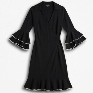 Vintage Express Black Wrap Dress Bell Sleeve White Piping Y2K 90s Size 3/4